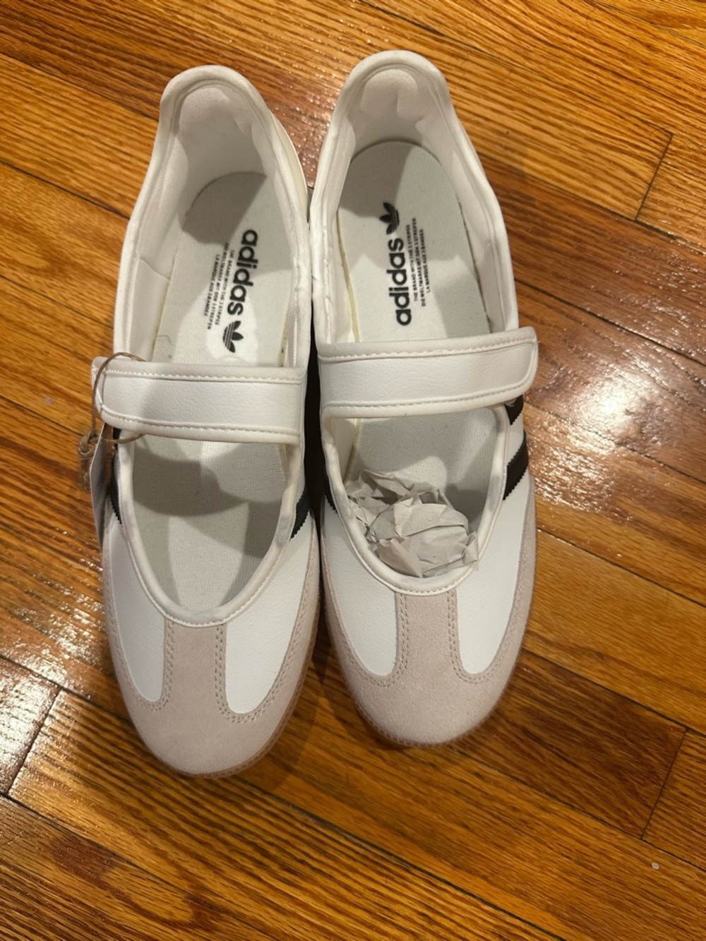 adidas White Mary Jane Sneakers with Black Accent and Beige Toe